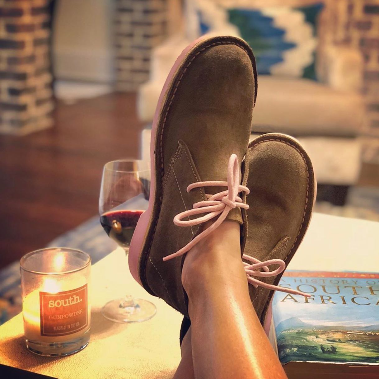 Kick back your feet & relax, it’s wine o’clock 🍷 @lizlkotz  bringing a taste of her South African roots to South Carolina #veldskoen .
.
.
#howiwearmine #vellies #shoesday #dailysole #shoefie #solesociety #solesonfire #shoegasm #handmadeshoes #stylehunters #footwearlove #wineoclock #wineoclock🍷 #desertboots #pinksoles #womenshoes #womenboots #bootlover #wearingtoday #fallfeels #whatsonyourfeet #suedeshoes #coolshoes